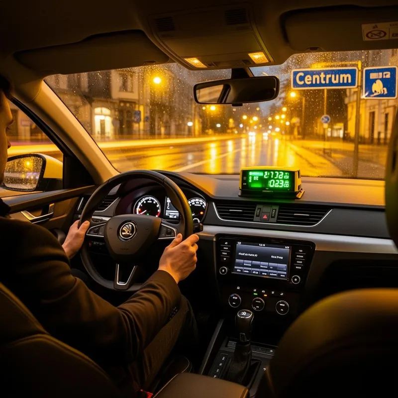 Wnętrze taksówki Taxi Zawiercie — dłonie kierowcy na kierownicy, taksometr na desce rozdzielczej